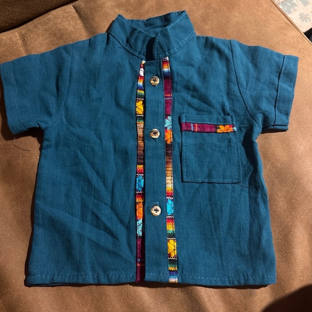 Kids Blue Button-Up Shirt with Colorful Trim